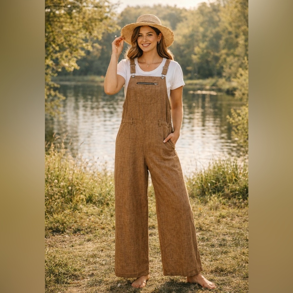 CHICME Brown Wide-Leg Overall Jumpsuit XL 100% Polyester Adjustable straps